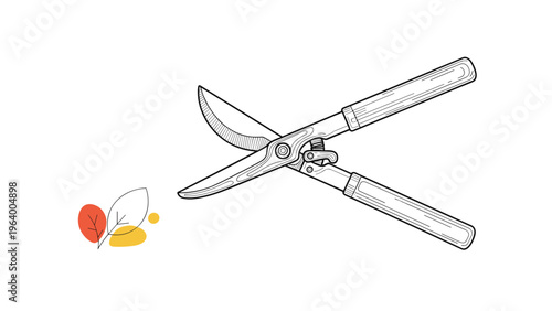 Artistic black and white sketch of professional gardening shears accompanied by small decorative colored autumn leaves.