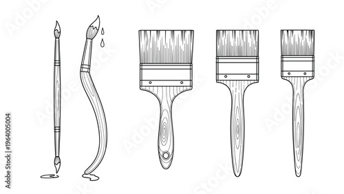Diverse collection of artists paintbrushes of various sizes and shapes rendered in a detailed black and white sketch.