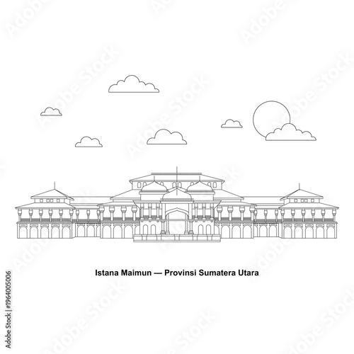 Maimun Palace Medan North Sumatra Heritage Building Line Art Illustration