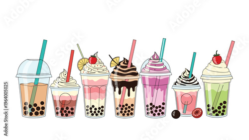Vibrant illustration of a wide variety of colorful bubble tea and milkshake drinks with toppings and straws.