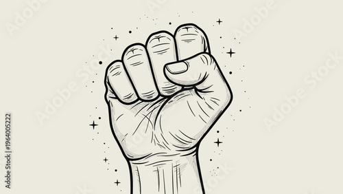 Powerful line art illustration of a raised clenched fist surrounded by stars and mystical cosmic sparkles.