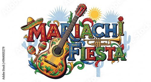 Vibrant mariachi fiesta logo with guitar trumpet and sombrero on white background