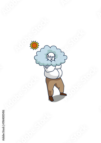 Neutral middle aged man with cloud, recovery and calm state concept, emotional illustration, simple flat style