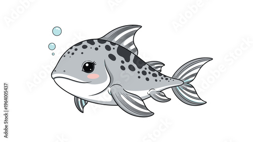 Adorable cartoon illustration of a gray spotted fish with rosy cheeks and bubbles in a simple clean style.