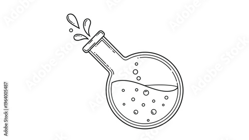 Minimalist black and white line art illustration of a laboratory flask with bubbling and splashing liquid.