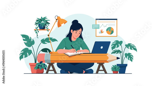 Creative illustration of a young woman working at a laptop while sitting on a giant yellow pencil surrounded by indoor potted plants.