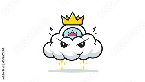 Angry cartoon cloud character with a scowling face wearing a golden crown and emitting lightning bolts on a white background.