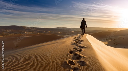 Silhouetted figure walks atop golden sand dune
