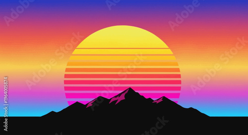 Vibrant retro-futuristic vector illustration of a dramatic striped sunset over silhouetted mountains, evoking a classic synthwave aesthetic and nostalgic mood