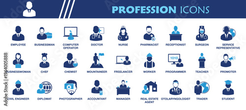 Profession Icon Set. Collection of Businessman, Doctor, Surgeon, Nurse, Pharmacist, Chef, Manager, Accountant, Photographer, Freelancer, Programmer, Computer Operator, Teacher, Student, Engineer, Work