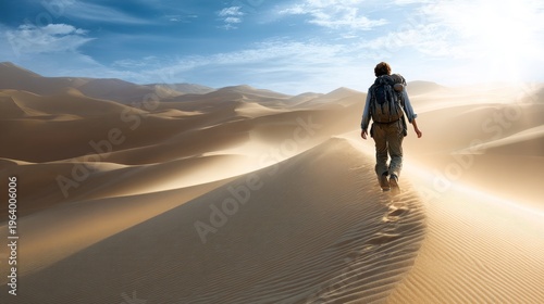 Solo traveler walks through golden desert dunes at dawn