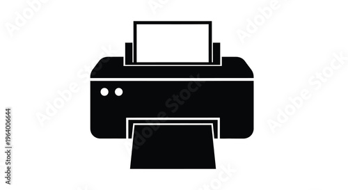 A stark black silhouette depicts a classic inkjet printer with a paper output tray extended high quality professional detailed modern elegant