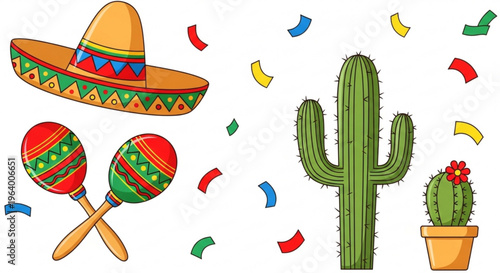 Vibrant mexican fiesta elements with sombrero maracas cacti and confetti on white background