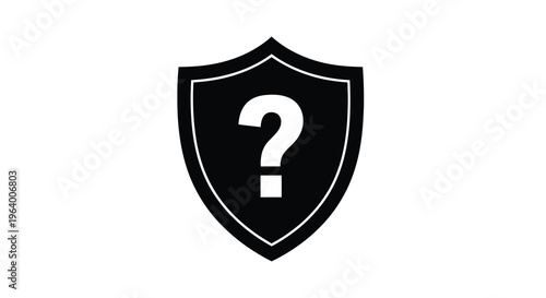 A stark black shield icon prominently displays a white question mark evoking themes of security and uncertainty high quality professional detailed