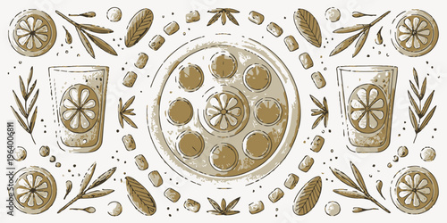 A vector graphic illustration of a plate of olives and glasses with lemon slices and leaves in a flat, minimalist design