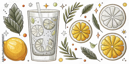 A colorful illustration of a refreshing glass of lemonade with slices of lemon and lime, surrounded by leaves and stars.