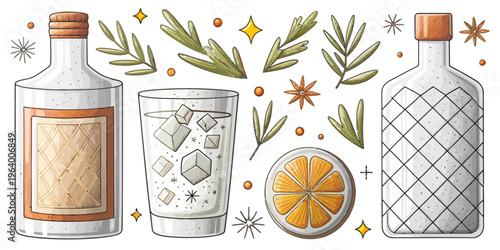 A vector illustration of a gin and tonic setup with bottles, glass, and garnishes.