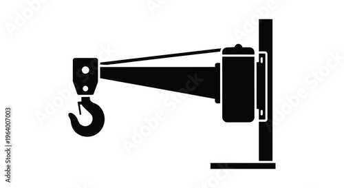 A simplistic black and white vector graphic depicts an industrial crane showcasing its hook and mechanical arm structure high quality professional