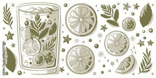 A minimalist vector illustration of a refreshing drink with lime slices and leaves