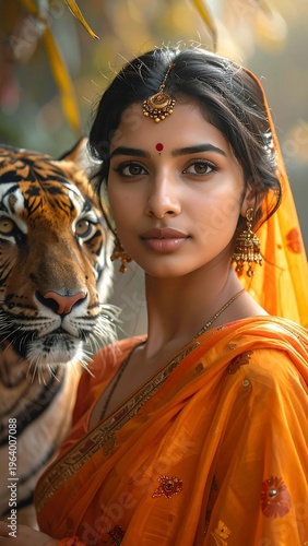 A woman in traditional attire posing with a tiger