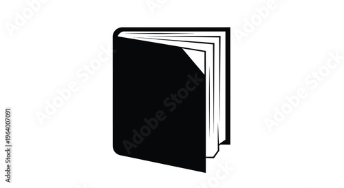 A simple black and white illustration depicts a closed book with slightly opened pages visible at its corner high quality professional