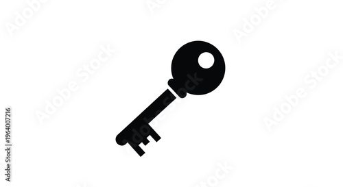 A simple black silhouette depicts a classic key with a circular head and a traditional tooth pattern high quality professional detailed