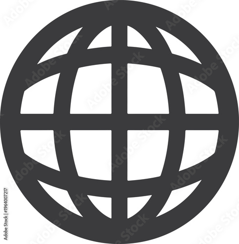 Monochrome planetary grid framework symbol representing global digital structure