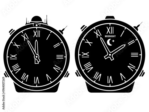Doomsday Clock Silhouette, Symbolic Midnight Timer Icon, Vector Global Risk and Science Illustration