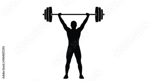 A silhouetted figure demonstrates a weightlifting snatch powerfully raising a barbell overhead with full extension high quality professional detailed modern elegant