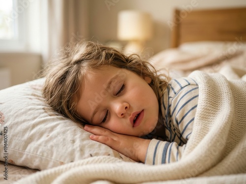 Peaceful toddler sleeping soundly in a cozy bedroom, snuggled under a soft blanket with striped pajamas and tousled curls resting gently on a comfortable pillow

