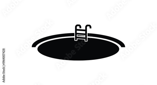 A minimalist black icon depicts an aerial view of a circular swimming pool with a ladder high quality professional detailed modern