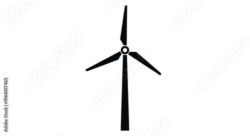 A simple black silhouette of a three bladed wind turbine stands prominently against a stark white background high quality professional detailed