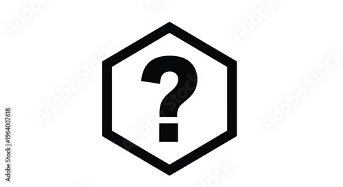 A simple graphic displays a black question mark centered within a bold black hexagonal frame on white high quality professional detailed