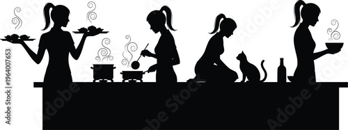 Silhouette icons of people cooking, serving food, and dining with cat on kitchen counter representing domestic life and interaction