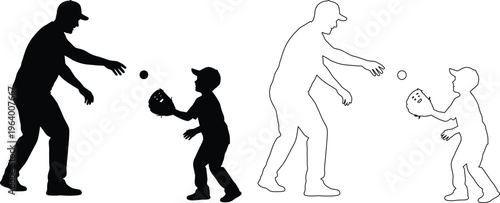 Illustration of adult teaching child to catch baseball with different height proportions