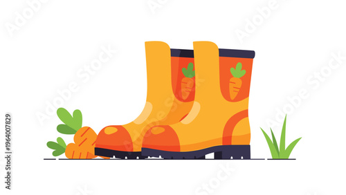 Pair of bright yellow and orange rain boots decorated with carrot patterns sits near some real fresh carrots on white.