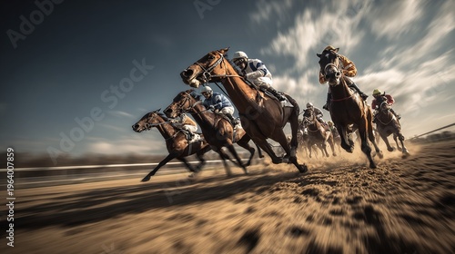 Horse Racing Event with Jockeys Galloping.