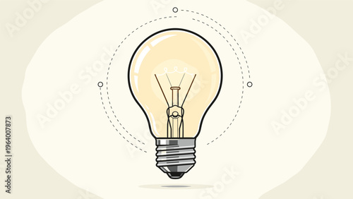Stylized illustration of a classic glowing light bulb with delicate filaments and decorative dashed lines for creative ideas.