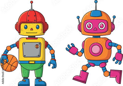 Cartoon Robots with Basketball and Playful Pose, Colorful Retro Robots for Fun and Kid-Friendly Designs