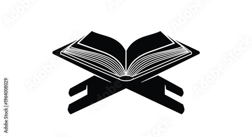 A stark black and white illustration depicts an open book resting on a wooden stand symbolizing knowledge and learning high quality