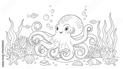 Underwater scene coloring page features a cute octopus surrounded by fish coral starfish and shells for kids.