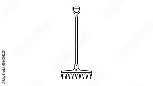 Single long handled garden rake silhouette is centered on a white background in a clean and minimalist style.