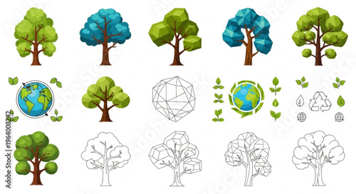 Collection of trees earth and leaves illustrations for eco and nature concepts