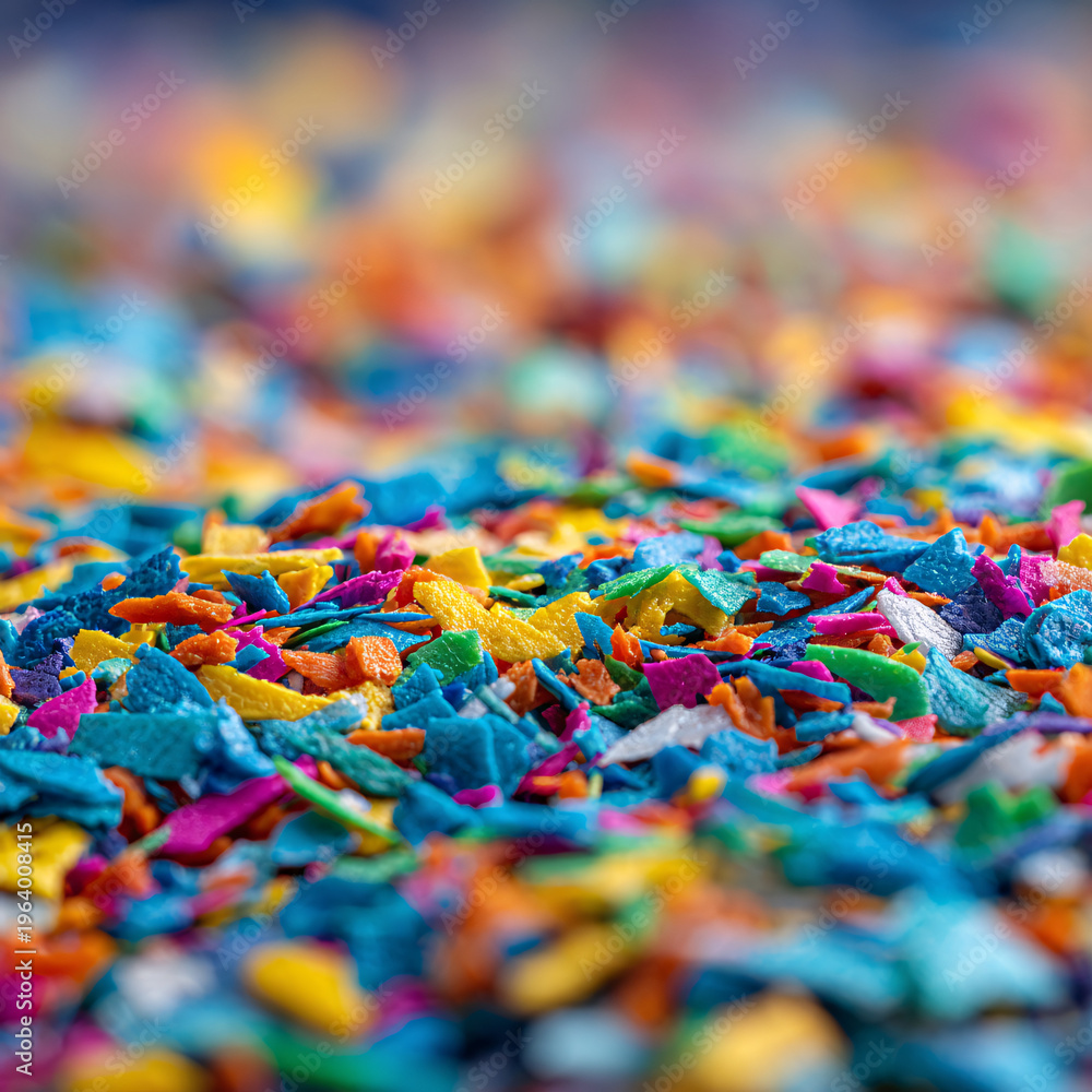 Fototapeta premium Macro shot of colorful recycled plastic flakes, representing the circular economy and sustainable plastic waste management.