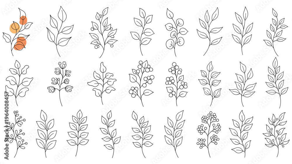 Fototapeta premium Collection of minimalist leaf and berry sprig illustrations are shown in a clean black and white line art style.