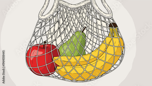 Reusable mesh produce bag filled with a fresh red apple green pear and yellow bananas promotes zero waste living.