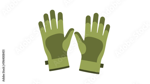 Pair of olive green tactical or gardening gloves is displayed flat on a white background in a simple flat design.