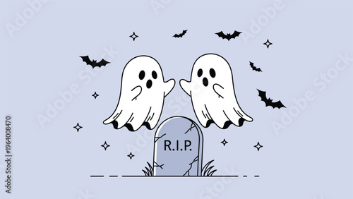 Two friendly cartoon ghosts float happily near a gravestone with bats and stars in the night sky illustration.