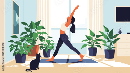 Woman practices a yoga pose in a bright room filled with indoor plants while her black cat watches attentively.