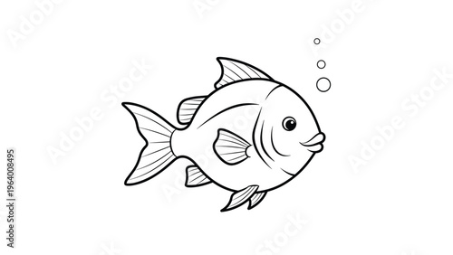 Simple black and white line drawing of a round fish swimming and blowing bubbles against a clean white background.